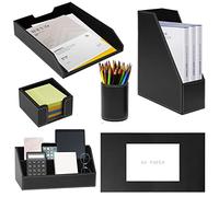 XNONE PU Leather 6-Piece Set Office Supplies/Desk Organizer,Including Writing Pad,Paper Tray,file folder/Magazine Holder,Pen Cup,Note Holder,Business Cards/Letter Sorter,Man/Woman Office Gift(Black)