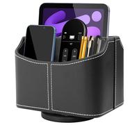 XNONE Pu Leather Remote Control Holder with 5 Compartments,360 Degrees Rotatable Desktop Supply Organizer for Pen,TV Control,Phone,Mini IPad Notebook,Eyeglasses,Makeup Brush Storage Box (Black)