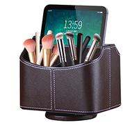 XNONE Pu Leather Remote Control Holder with 5 Compartments,360 Degrees Rotatable Desktop Supply Organizer for Pen,TV Control,Phone,Mini IPad Notebook,Eyeglasses,Makeup Brush Storage Box (Brown)