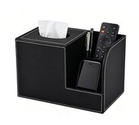 XNONE PU Leather Square Tissue Box Cover-Multi-Functional Tissue Box Holder, Tissue Box Cover with Storage,Tissue and Remote Control Holder,Cube Tissue Box Organizer Bedroom School Office,Black