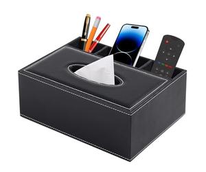 XNONE PU Leather Tissue Box Cover Rectangle Household Large Tissue Box Holder with Remote Control Holder-Office Desk Storage Box-Stylish Multifunctional Stationery/Napkin Organizer (Black)