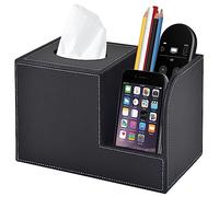 XNONE PU Leather Tissue Box Cover - Square Multifunctional Bathroom Tissue Box Holder/Organizer with 2-Compartment, Remote Control Holder, Decorative Black