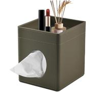 XNONE Tissue Box Cover Square Kleenex Box Holder PU Leather Facial Tissue Organizer with Storage Tray for Bathroom Vanity Bedroom Office Car, Stylish Napkin Caddy Decorative Organizer (Olive-Green)