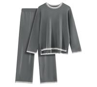 Xnova Lounge Wear Set for Women 2-Piece Outfit, Knitted Co-Ord Set Long-Sleeve Ladies Tracksuit, Full Winter Warm Pajamas, Grey, XL