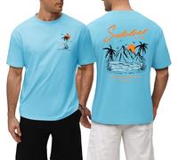 Xnova Men's Summer T Shirts 100% Cotton Short Sleeve Tops Loose Fit Streetwear Graphic Printed Tee Shirts Beach Palm Tree Surf Crew Neck Baggy Tshirts for Holiday Daily, Blue, XL