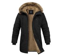 Xnova Men's Thermal Winter Parka Jacket Fluffy Warm Fleece Lined Padded Jackets Military Cargo Cotton Coat Mid-Length Full Zip Outerwear with Detachable Trim, Black, M