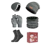 Xnova Winter Mens Hat Scarf and Gloves Set 5PCS Unisex Fleece-Lined Beanie Hat Wooly Knitted Gloves Neck Warmer Earmuffs Thermal Socks Gift Sets with Box, Grey, One Size