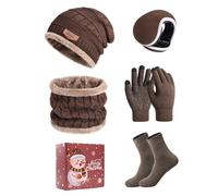 Xnova Winter Mens Hat Scarf and Gloves Set 5PCS Unisex Fleece-Lined Beanie Hat Wooly Knitted Gloves Neck Warmer Earmuffs Thermal Socks Gift Sets, Coffee, One Size