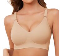 Xnova Womens Bras Seamless Full Coverage Ladies Non Wired Support V Neck Padded Comfort Sleeping Bra Soft T Shirt Bra Wireless Zero Feel Bralettes, Beige, L