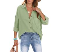 Xnova Womens Shirts Oversized Blouses Button Down, Collars Cotton Shirt Long Sleeve Tshirt with Pocket Business Casual V Neck Blouse Tops Loose Shacket Elegant for Ladies (Green, L)