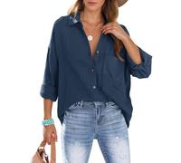 Xnova Womens Shirts Oversized Blouses Button Down, Collars Cotton Shirt Long Sleeve Tshirt with Pocket Business Casual V Neck Blouse Tops Loose Shacket Elegant for Ladies (Blue, S)