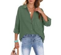 Xnova Womens Shirts Oversized Blouses Button Down, Collars Cotton Shirt Long Sleeve Tshirt with Pocket Business Casual V Neck Blouse Tops Loose Shacket Elegant for Ladies (Green 02, M)