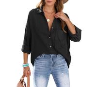 Xnova Womens Shirts Oversized Blouses Button Down, Collars Cotton Shirt Long Sleeve Tshirt with Pocket Business Casual V Neck Blouse Tops Loose Shacket Elegant for Ladies (Black, S)