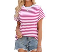 Xnova Women's Striped Oversized T-Shirts Summer Short Sleeve Breton Tops Color Block Crew Neck Ladies Casual Basic Tee Shirts, Pink and White, S