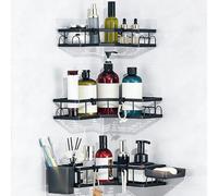 Xnqelerate 15 Pcs Bathroom Accessories, Stainless Steel Shower Caddy, Bathroom Storage No Drilling, Soap Corner Shelf, Use For Glass, Ceramic Tiles (Black)