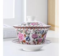 Xnqelerate Gaiwan 300ml, Porcelain Kung Fu Tea Cup, Chinese Traditional Tea Cup, White Porcelain Gaiwan Colored Glaze with Lid and Saucer, Red Peony