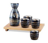 Xnqelerate Japanese Ceramic Sake Set, 1 Sake Bottle & 4 Sake Cups with a Wooden Tray Traditional Porcelain Pottery Hot Saki Drink Set Hand Painted Design Porcelain Cups Dishwasher Safe