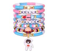 XOCARTIGE Space Bracelets for Women Astronaut Bracelet Stack Pink Blue Heishi Beaded Stretch Bracelets Saturn Spaceman Moon Star Charm Bracelet Space Jewelry Accessories Gifts, L, Nickel, no gemstone