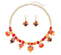 XOCARTIGE Thanksgiving Fall Necklace Bracelet Earrings Set, Chunky Pumpkin Maple Leaf Turkey Bubblegum Necklace for Women Beaded Stretch Bracelet Dangle Earrings Holiday Party Gifts, L, Zinc, not know