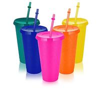 xocome 5 PCS Plastic Cups with Lids & Straws, 24OZ Reusable Colourful Glitter Cups Cold Cups Set for Cold Drinks Iced Coffee Cups for Parties