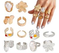 XoeLLe 12 PCS Chunky Rings Adjustable Rings For Women Gold Silver Flower Knuckle Statement French Baroque Style Retro Open Stackable Jewelry Gifts for Women