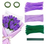 XoeLLe Pipe Cleaner Flower, Tulip Adult Craft Kits, Pipe Cleaners for Craft, Pipe Cleaner Set With 300 Pipe Cleaners Colourful in 3 Colours(Dark Purple,Light Purple,Green), Florist Tape, Flower stem