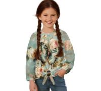Xoenoiee Butterfly Vintage Rose Printed Girls Long Sleeve Shirts Casual Crew Neck Tunic Tops Tie-Hem Basic Tunic Blouses Fashion 3D Graphic Tees, Size 5-6