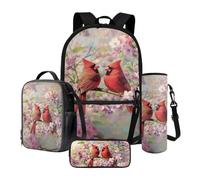 Xoenoiee Cardinal Bird Cherry Blossom Pattern Large Backpack Thermal Lunch Bag Pen Case and Water Bottle Holder 4Pcs Kids School Bag Sets Back to School Supplies