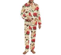 Xoenoiee Cardinal Bird Poinsettia Pinecone Pattern Men’s Pyjamas Set - Long Sleeve Button Down Sleep Shirt and Pyjama Bottoms Sleepwear Set with Pockets, 3X-Large