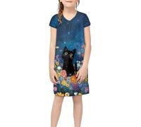 Xoenoiee Cat Daisy Flower Girls Dress Short Sleeve Skater Dress A-line V-Neck Summer Dresses Casual Party Dresses, 7-8 Years