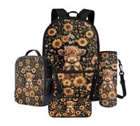 Xoenoiee Cattle Retro Sunflower Pattern 4Pcs Schoolbag Set Large Backpack with Lunch Box Pencil Pouch and Water Bottle Holder for Teens Boys Girls
