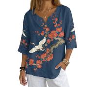 Xoenoiee Crane Plum Blossoms Blue Print Womens 3/4 Sleeve Linen Shirts Button Down Linen Blouse for Women Spring Summer Tops with Button Decor Breathable Shirt, Medium