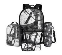 Xoenoiee Custom Gary Camo Rugby Pattern School Backpack 4Pcs Set 17" School Bag with Thermal Lunch Bag Pencil Case and Water Bottle Holder Back to School Gift