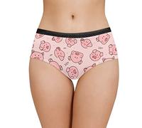 Xoenoiee Cute Pink Pigs Pattern Cotton Double-Layer Crotch Black Lace Waist Underwear, Breathable Wicking Underwear Sports Soft Briefs Comfortable Hipster Panties for Women, S