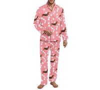 Xoenoiee Dachshund Dog Bone Paw Pink Pattern Men's Pyjamas Set Long Sleeve Button Down Pyjamas for Men Fall Winter Sleepwear 2Piece Lounge PJs with Pockets, 3X-Large