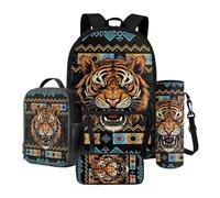 Xoenoiee Ethnic Tribe Tiger Pattern 4Pcs School Backpack Set for Kids 17 Inch Large Bookbag with Insulated Lunch Box, Pencil Case, Water Bottle Holder