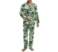 Xoenoiee Green Camouflage Pattern Mens Pajama Set Soft Button Down Pajamas Long Sleeve Pjs Sleepwear Loungear Comfy Sleep Sets with Pockets, 3X-Large