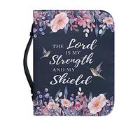 Xoenoiee Hummingbird Floral Print Bible Cover for Women Men, The Lord is My Strength and My Shield, Book Case Church Bible Protective with Handle and Zipper, M