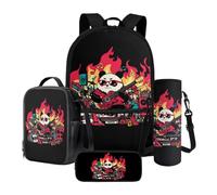 Xoenoiee Panda Music Band Fire Pattern 17" Backpack Set with Lunch Bag, Pen Case, and Water Bottle Holder Kids Students Large Capacity Bag Set for School