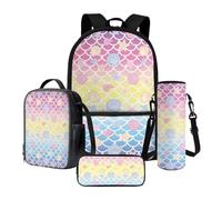 Xoenoiee Shell Starfish Mermaid Scale Pattern 17" Large Capacity Backpack+Thermal Lunch Bag+Water Bottle Carrier 4Pcs Sets Back to School Supplies for Boys Girls