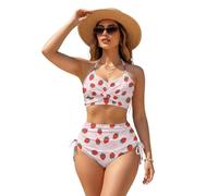 Xoenoiee Strawberries Bows Pink Print Women's Two Piece High Waisted Bikini Set Tummy Control Swimsuit Crisscross Tie Back Bathing Suit for Summer Beach, 3XL