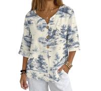 Xoenoiee Toile de Jouy - French Textile Print Linen Shirt for Women Spring Summer V Neck Button Down Linen Tops 3/4 Sleeve Oversized Blouse Women Casual Outfit, Medium