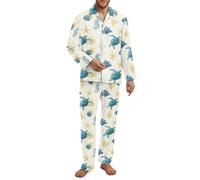 Xoenoiee Turtle Sea Horse Starfish Coral Pattern Mens Pyjamas Set Soft Notched Collar Pyjamas for Men Long Sleeve Mens 2Piece Sleepwear with Pockets for Fall Winter, Medium