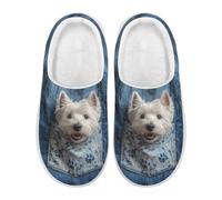 Xoenoiee West Highland White Terrier Denim Pattern Slippers for Women Men Soft Comy House Slippers Lightweight Slip-On Fluffy Bedroom Home Shoes for Indoor Outdoor
