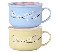 Xoeryoy 2Pcs Soup Bowls with Handles, 800ml/28oz Sealing Heat-Resistant Microwave Soup Mug with Lid Floral Wintersweet Ceramic Travel Mug for Ramen, Noodle, Porridge