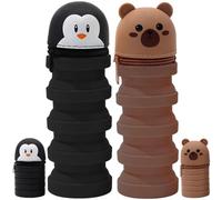 Xoeryoy 2PCS Standing Pencil Case, Penguin and Bear Telescopic Standing Pencil Case with Zipper Closure, Cute Extendable Silicone for Kids Students
