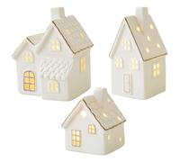 Xoeryoy 3Pcs Ceramic Christmas Village, Small White Christmas Village Sets, LED Light Up Xmas House for Home Table Display
