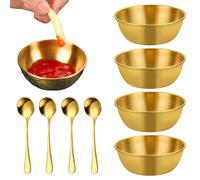 Xoeryoy 4Pcs Gold Bowl with 4 Small Spoon, 3.3 Inch Round Mini Dipping Bowls, Stainless Steel Soy Sauce Dish for Ketchup, Mustard, Guacamole, Dips &&