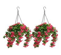 Xoeryoy Artificial Hanging Baskets, Set of 2 Artificial Hanging Flowers for Outdoors, Realistic Faux Crepe Myrtle with Chain for Porch Patio Garden Decor, Red