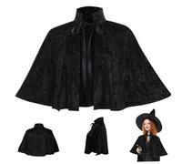 Xoeryoy Black Cape for Women, Gothic Lolita Medieval Shawl Cloak with Tie Strap, Halloween Soft Short Medieval Cowl Black Cloak for Pagan Cosplay